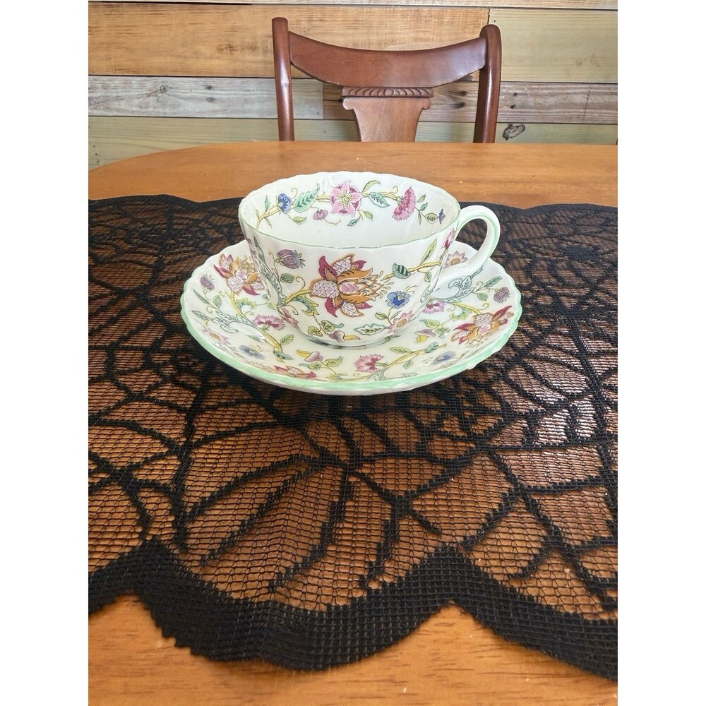 Minton England Bone China Haddon Hall Green Rim Teacup and Saucer Set